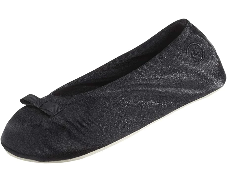 Isotoner Women's Satin Ballerina Slipper, Suede Sole, Black Ribbon Bow, 11-12